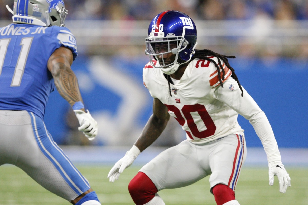 Oct 27, 2019; Detroit, MI, USA; New York Giants cornerback Janoris Jenkins (20) defends Detroit Lions wide receiver Marvin Jones (11) during the first quarter at Ford Field.